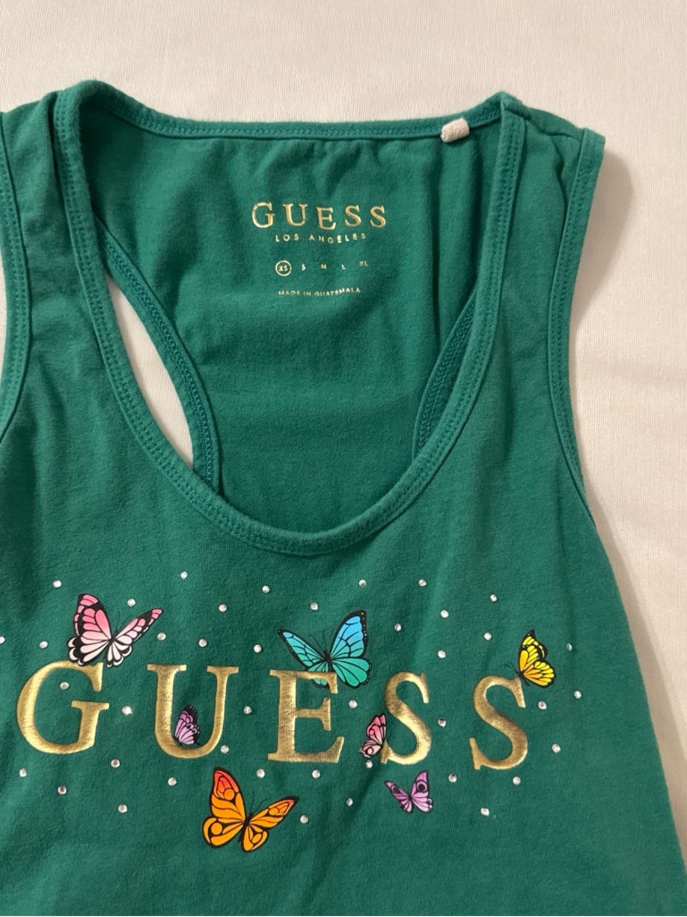 Guess Green Tank Top with Gold Logo and Multicolor Butterfly Print